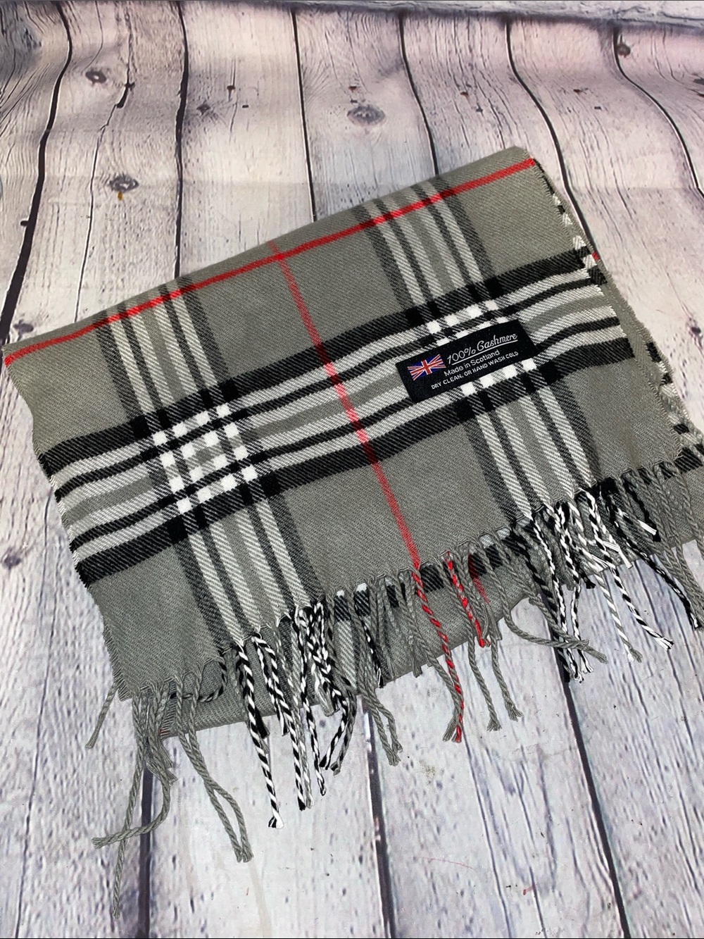 100% cashmere, gray, red and black plaid scarf • NEW